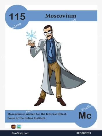 Download the Moscovium chemical element vector asset. Premium quality graphic for science-themed designs, posters, and digital media, download available.
