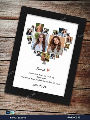 A vertical digital poster featuring a white background. At the top, approximately 20 various portrait photos of a young woman are arranged in a precise, symmetrical heart shape. Below the heart, the name "Tabarak" is written in a dark grey script font next to a small red heart icon. Underneath, a sentimental New Year's message is centered in a classic serif font, followed by the date "2023/10/29" in a bold, italicized font.