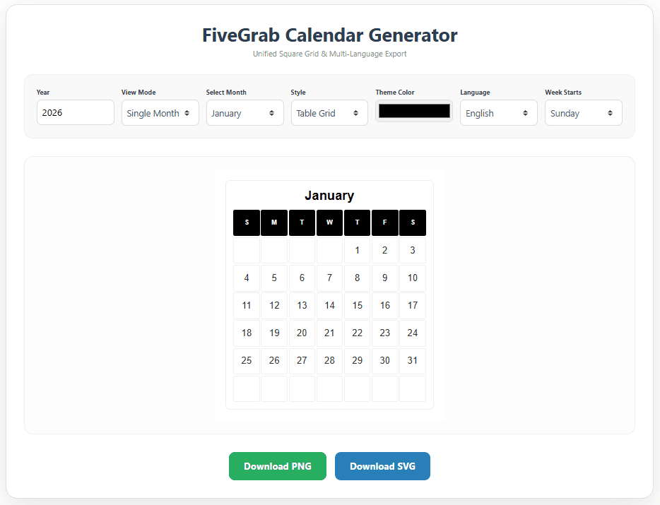 Free Calendar Generator, FiveGrab Ultimate Calendar Creator: The All-in-One Professional Solution for Digital Designers.