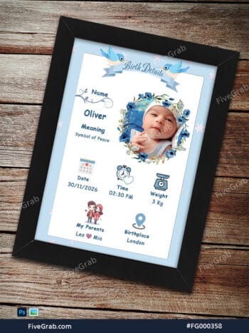A professional digital mockup of a black picture frame leaning against a rustic wooden wall. Inside the frame is a baby birth announcement with a light blue border. A circular photo of a newborn baby is centered in a blue floral wreath. The text displays the name "Oliver" and meanings like "Symbol of Peace." Icons show the birth date 30/11/2026, time 02:30 PM, weight 3 kg, parents' names Leo and Mia, and birthplace London. Two bluebirds fly at the top of the design.