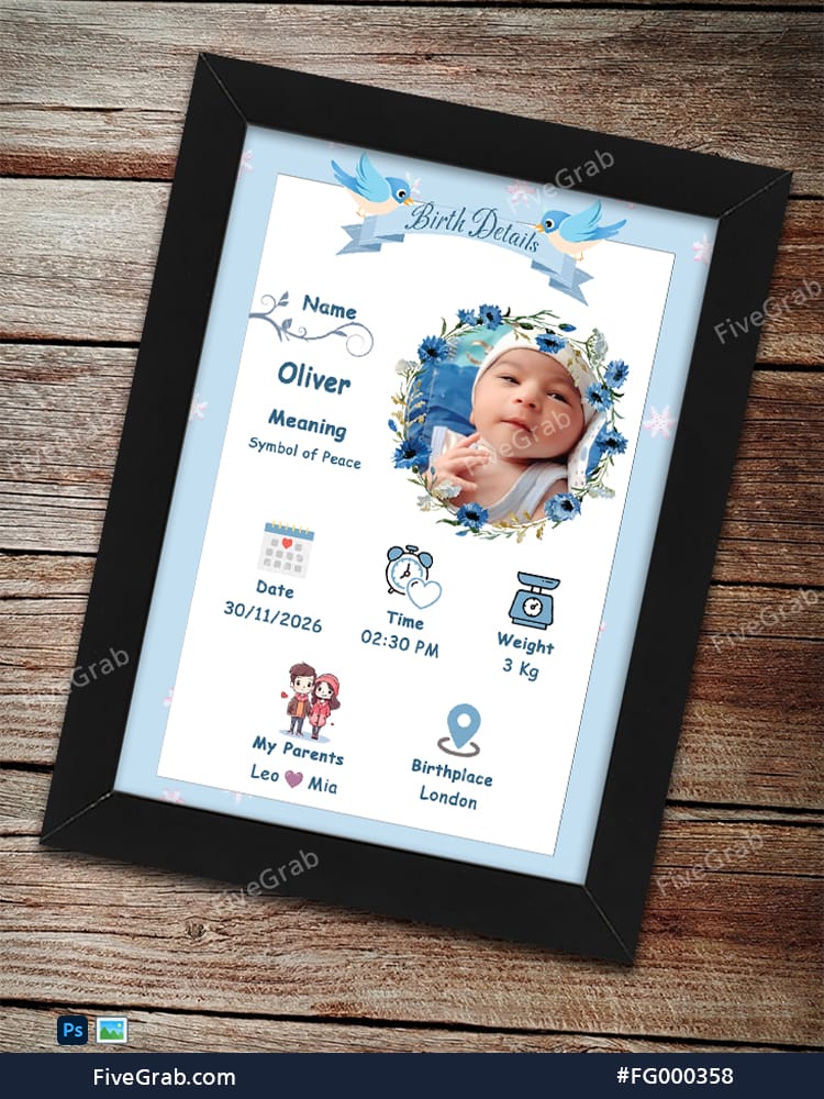 A professional digital mockup of a black picture frame leaning against a rustic wooden wall. Inside the frame is a baby birth announcement with a light blue border. A circular photo of a newborn baby is centered in a blue floral wreath. The text displays the name "Oliver" and meanings like "Symbol of Peace." Icons show the birth date 30/11/2026, time 02:30 PM, weight 3 kg, parents' names Leo and Mia, and birthplace London. Two bluebirds fly at the top of the design.