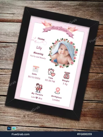 A pink and white birth details photo frame template featuring a central circular photo of a smiling baby wrapped in a light blue towel. The frame includes pink floral accents, two cartoon birds at the top, and specific icons for birth date, time, weight, and birthplace. The text displays the name "Lily" and lists her parents as Leo and Mia.